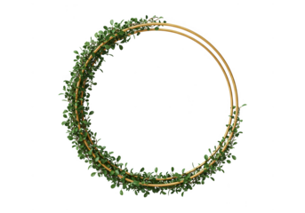 Floral golden frame with green leaves isolated on transparent background