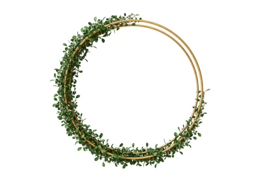 Floral golden frame with green leaves isolated on transparent background
