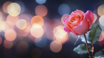 beautiful rose with soft pink and orange petals stands elegantly against blurred background of colorful bokeh lights, evoking sense of romance and