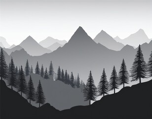 Fototapeta premium monochrome mountainscape silhouetted trees and peaks in gray landscape nature