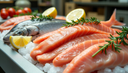 A tray of fish and vegetables with lemon slices on top. The fish is cut into pieces and is displayed on a tray with ice