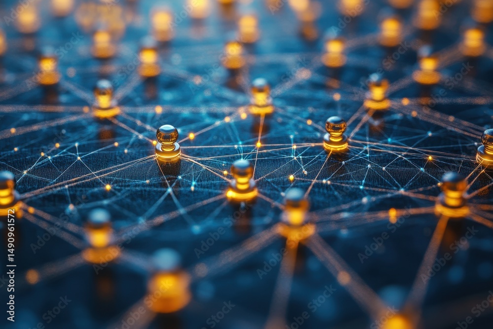 Poster technology nodes interconnected by glowing lines on a dark background representing digital networks 