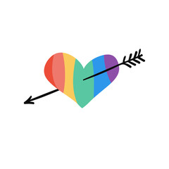 Rainbow heart pierced by black arrow. Design element for Pride week. Perfect decor for LGBT event, poster, greeting card, media post.
