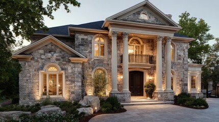 Naklejka premium Stone front house exterior at dusk