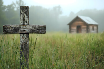 Naklejka premium Weathered wooden cross standing in tall grass near an old cabin in a foggy field
