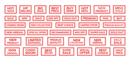 Sale product mark. Red sold out emblem in frame. Set rectangle best price stickers. Sale stamp imprint. New arrival label in border. Marketing retail badge. Text box with buy tags. Vector illustration