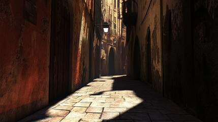 Atmospheric passage in an ancient city, bathed in light and shadow evoking mystery