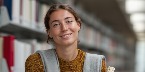 Young woman with prosthetic arm studying in a library setting for education and motivation