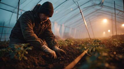 Farmer Covering Potato Plants in Greenhouse with Agro
