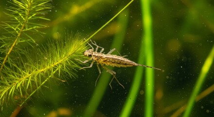 Captivating underwater view of a dragonfly larva clinging to aquatic plants