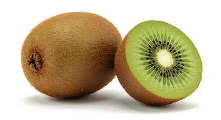 Obraz premium A whole kiwi next to a neatly cut half, highlighting the fruit’s fuzzy brown skin and bright green flesh.
