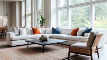 Serene living room with white sectional sofa, natural light, and view of lush greenery