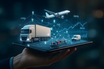 A hand holds a tablet projecting a network of logistics icons connecting truck, plane, ship, and van symbols. Concept of integrated supply chain and smart transportation.