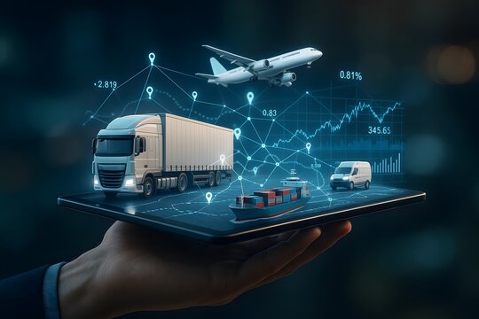 A hand holds a tablet projecting a network of logistics icons connecting truck, plane, ship, and van symbols. Concept of integrated supply chain and smart transportation.