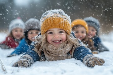 Children enjoying a snowy day while playing and smiling in a winter landscape surrounded by falling snowflakes