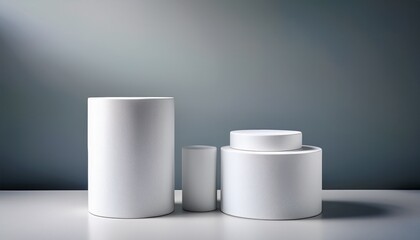 minimalist white cylindrical display platforms on light grey background