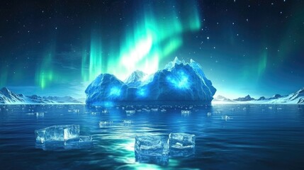 Majestic iceberg glowing under aurora borealis at night.