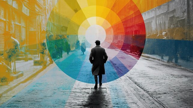 Fototapeta Colorful City Street Art Design with Color Wheel and Figure Walking