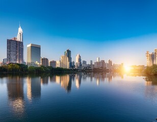 Fototapeta premium serene urban landscape with river reflections and city skyline