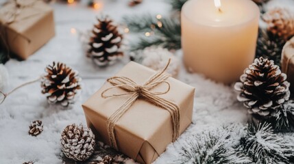 Wrapped Gift and Pinecones with Burning Candle on Snow Covered Wooden Surface
