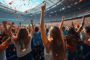 Handdoek met foto Stadion Crowd celebrates victory with colorful confetti at a soccer stadium during a thrilling match in a vibrant atmosphere  © Tanu