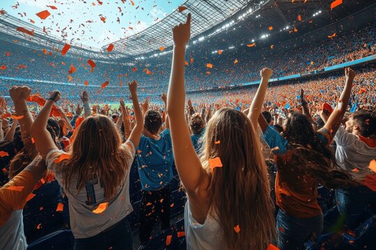 Crowd celebrates victory with colorful confetti at a soccer stadium during a thrilling match in a vibrant atmosphere
