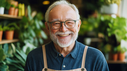 Joyful elderly entrepreneur thrives in stylish plant boutique filled with vibrant greenery and elegant decor
