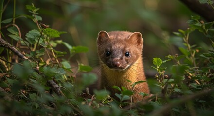 Charming portrait of a wild pine marten peering through lush foliage