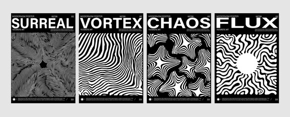 Set of four black and white vector posters in optical art style, with hypnotic lines forming illusions, spirals, waves, and vortex patterns. Modern, bold, and trending in contemporary design.