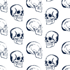 Seamless vector print in grunge style. Hand-drawn stylized skulls on a light background. This crazy print will decorate any music project.