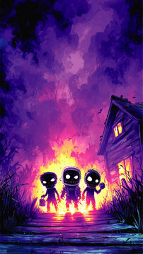 Spooky Zombie Kids in Halloween Night with Lanterns, Haunted House and Purple Blue Sky &ndash; Vibrant Creepy Art Illustration