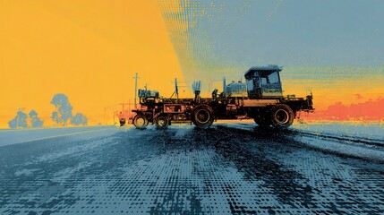 Fototapeta premium Silhouette of Road Paver Machine Merged with Traffic at Sunset