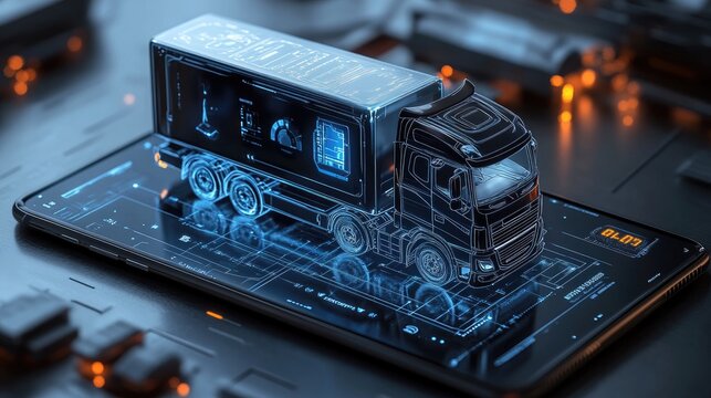Digital truck model on smartphone screen showing logistics data.