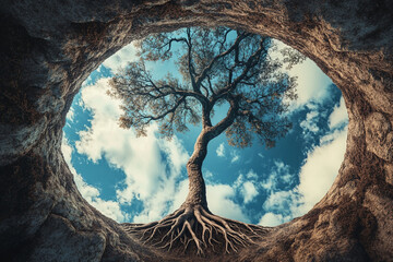 A tree with roots going into the sky, and its crown goes into the ground, turning the perception of reality upside down, surrealism style