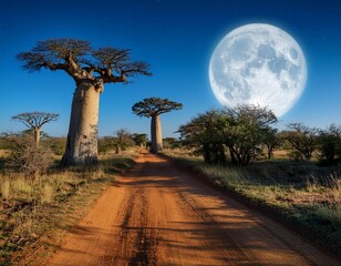 Obraz premium enchanting night scene with full moon and african baobab trees along rustic pathway