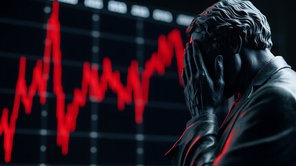 Stock Market Crash: A statue stands in distress against a backdrop of plummeting red stock data, symbolizing economic downturn and financial anxiety.