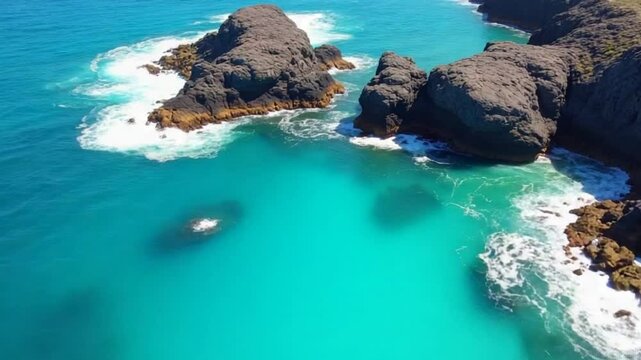 Aerial view on calm azure sea and volcanic rocky shores. Small waves on water surface in motion blur. Nature summer ocean sea beach background. Nobody. Holiday, vacation and travel concept