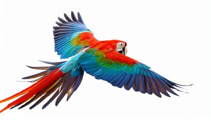 Fototapeta premium colorful parrot or scarlet macaw flying with wide spread colorful wings isolated on white background cutout
