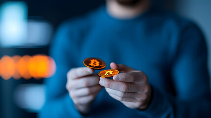 Man Holding Glowing Bitcoin Cryptocurrency Coins