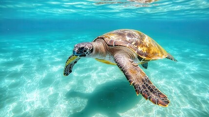 Obraz premium Underwater turtle swimming in clear blue ocean water.