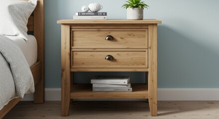 Stylish oak bedside table with two drawers and open shelf detail