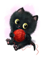 cute little black kitten character with a ball of thread