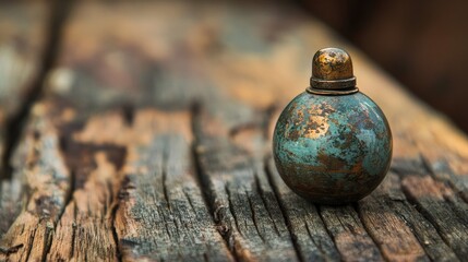 Antique metallic sphere on weathered wood.