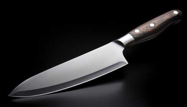 black background showcasing a kitchen knife with a white handle and a keen blade