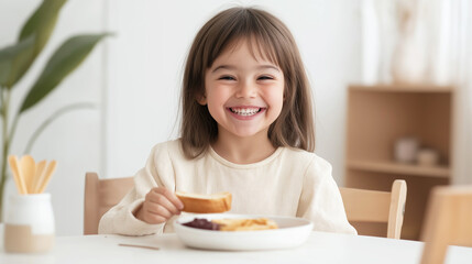 Woman enjoys delicious toast with jam at clean breakfast table, smiling with delight in bright minimalist kitchen