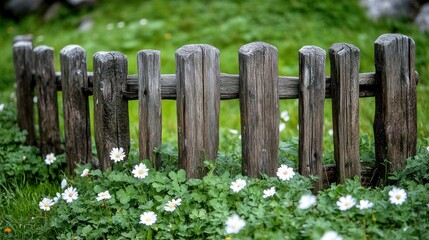 Naklejka premium Rustic wooden fence bordering a grassy patch with daisies