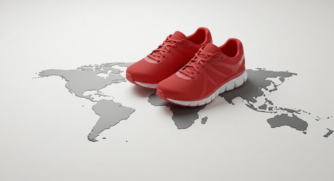 Red athletic shoes displayed on a world map background  