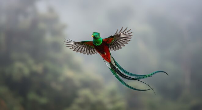 Resplendent Quetzal in Flight, Majestic Bird with Stunning Plumage Displaying its Wings