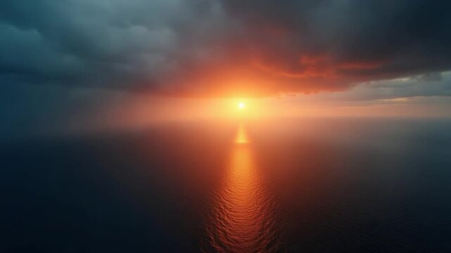 Aerial view. Dramatic sunset with sea and gloomy clouds. Abstract aerial nature summer ocean sunset sea and sky background. Horizon. Vacation, travel and holiday concept. Weather and climate change