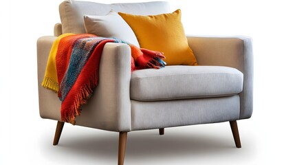 Modern light beige armchair with colorful accents.